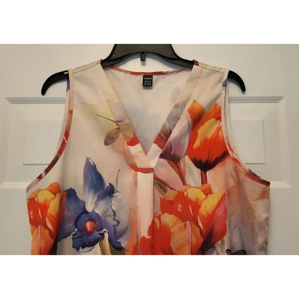 SHEIN Women’s Sz XL V Neck Blouse Top With Red & Purple Flowers - Picture 3 of 10